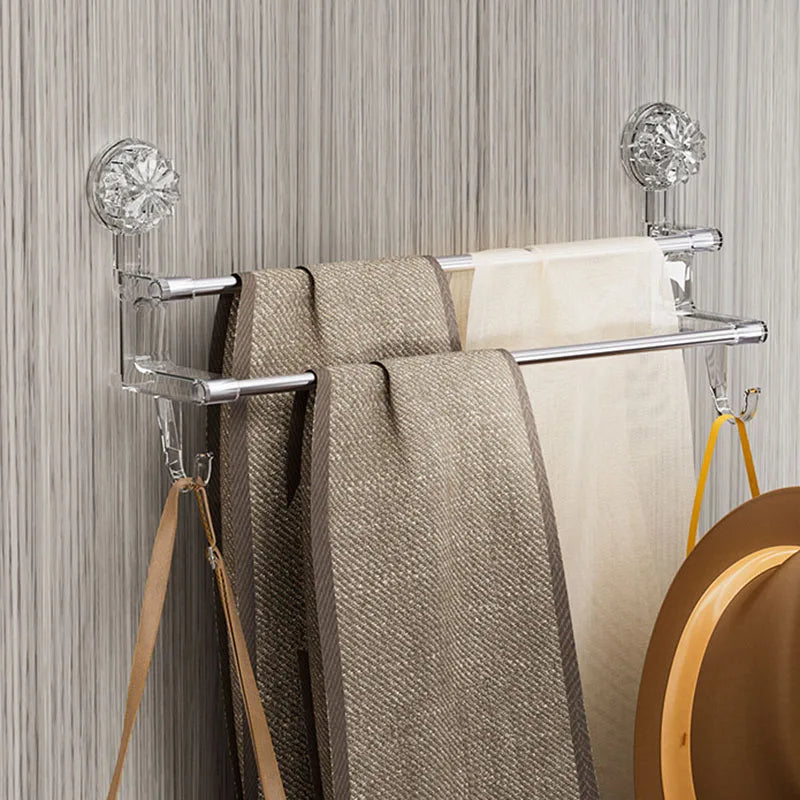 Dual Rod Suction Cup Towel Rack with Hooks
