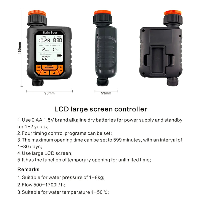 Rain Seer Large LCD Water Timer – IP65 Waterproof