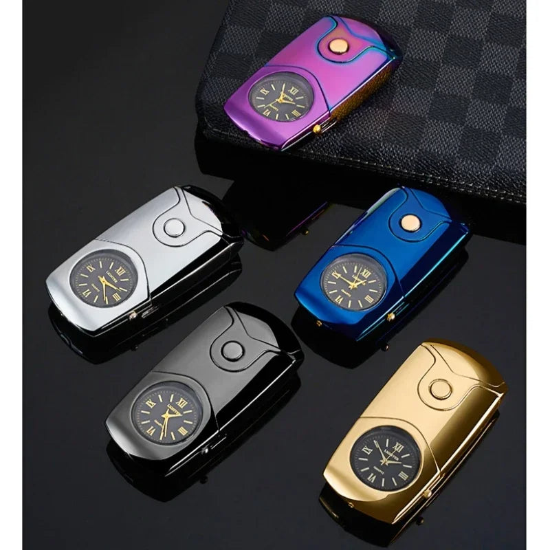 Metal True Watch Dual Arc Lighter with Color Light Dial