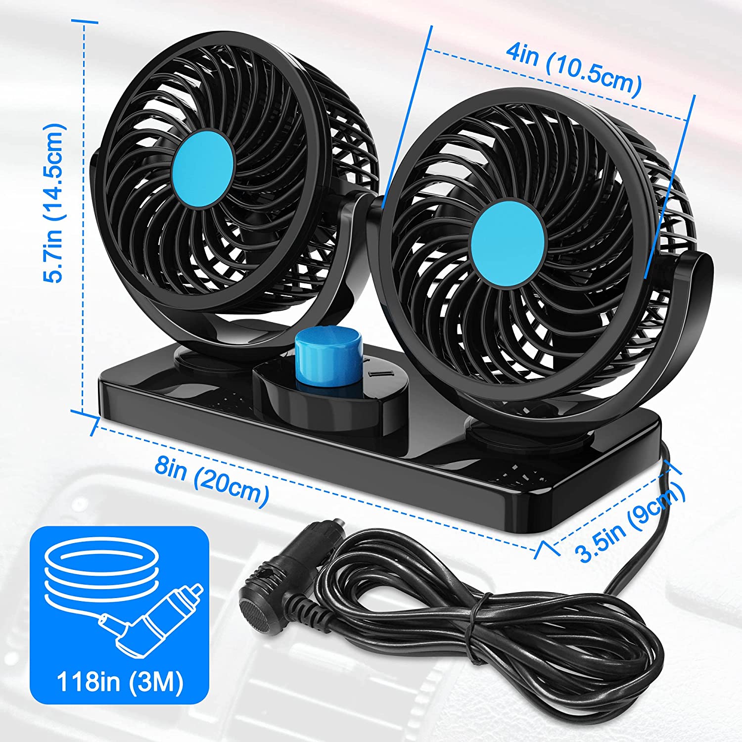 360° Rotatable Car Fan - 12V DC Electric Dual Head 2-Speed