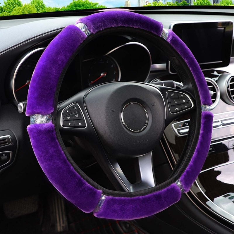 【LM417】Universal 37-38cm Soft Plush Rhinestone Car Steering Wheel Cover
