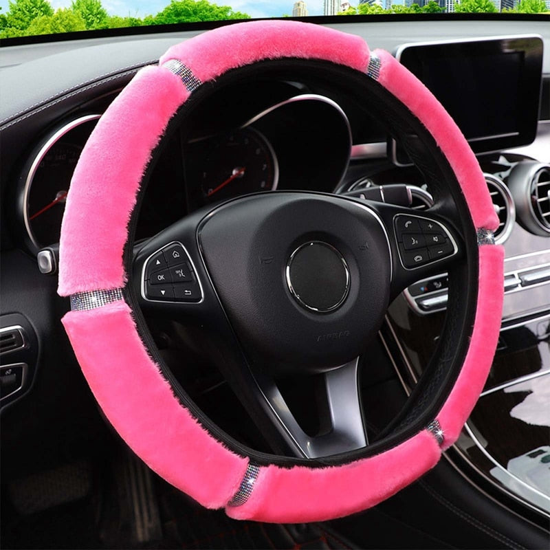 【LM417】Universal 37-38cm Soft Plush Rhinestone Car Steering Wheel Cover
