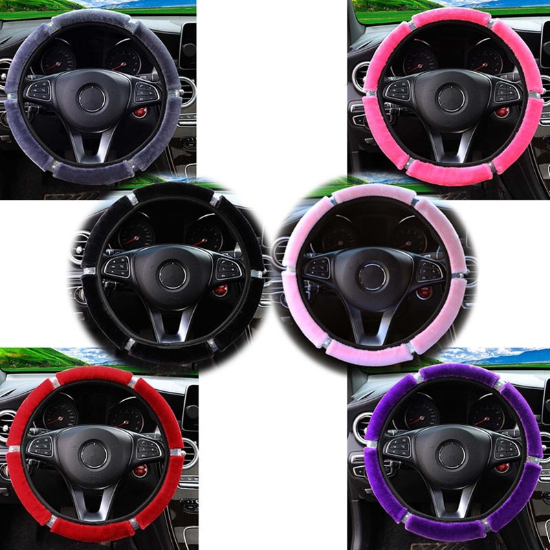 【LM417】Universal 37-38cm Soft Plush Rhinestone Car Steering Wheel Cover