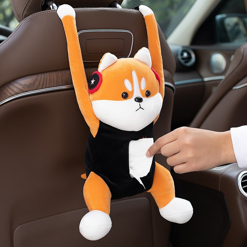 【Cartoon Dog Hanging Tissue Box】Hanging Tissue Box for Cars Cartoon Dog Car Tissue Box Plush Doll Tissue Box Holder for Car Armrest Box Car Interior Decoration