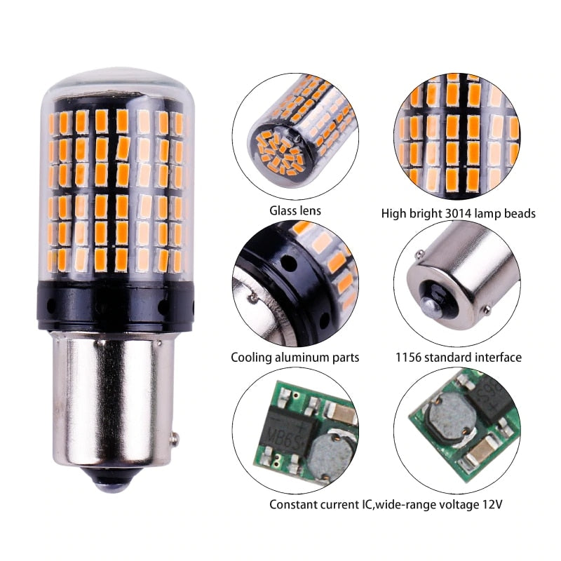 Error-Free LED Turn Signal Lamp BAU15S Canbus 144SMD Amber Blinker