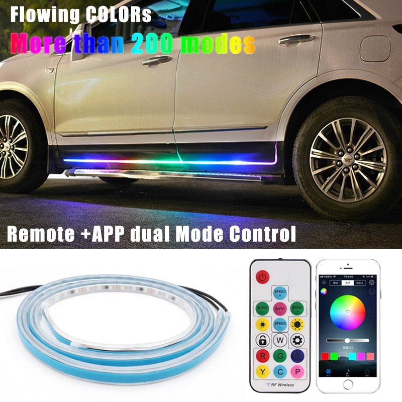 【Car Smart Colorful LED Strip】Colorful LED Flexible Streamer Flowing Welcome Door Light Strip Remote APP Control Scuff Sill Panel RGB Neon Lamp