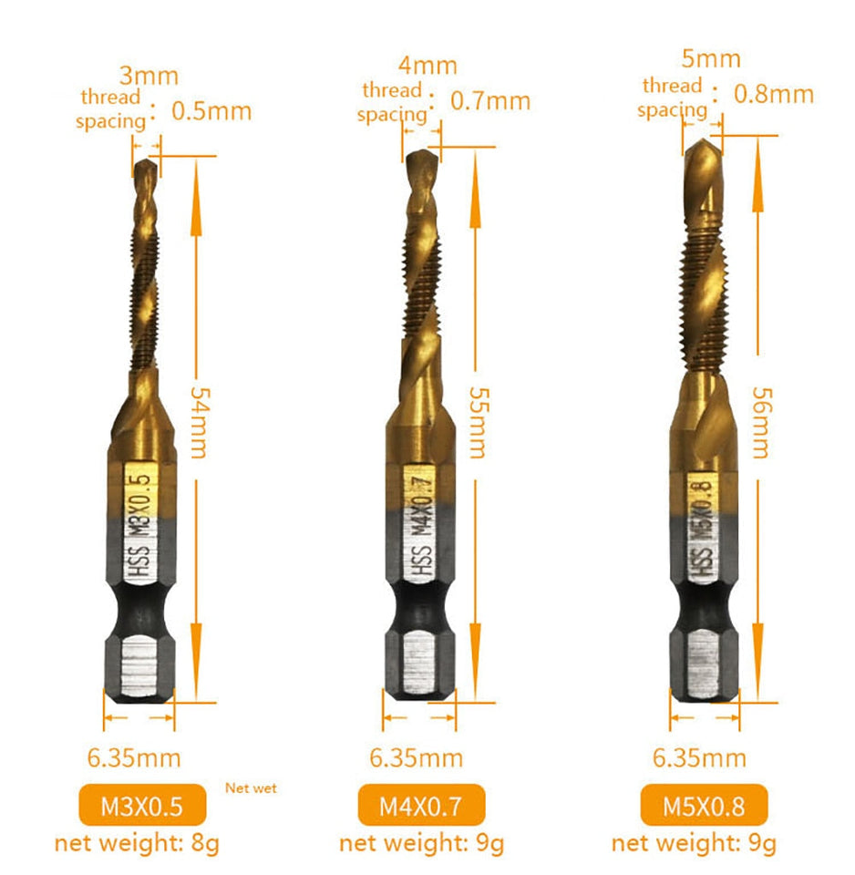 【Tap Drill】Tap Drill Titanium Plated Hex Shank HSS Screw Thread Metric Tap Drill Bits Screw Machine Compound M3 M4 M5 M6 M8 M10 Hand Tools