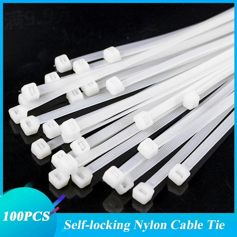 100pcs Self-locking Nylon Cable Ties - White