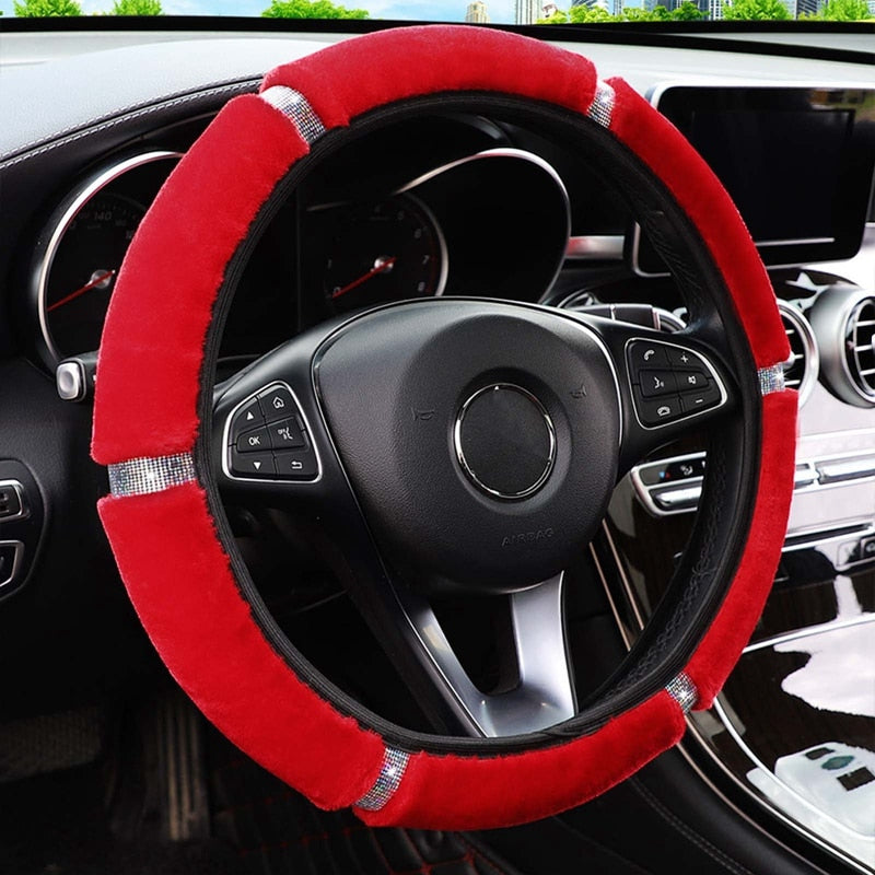 【LM417】Universal 37-38cm Soft Plush Rhinestone Car Steering Wheel Cover
