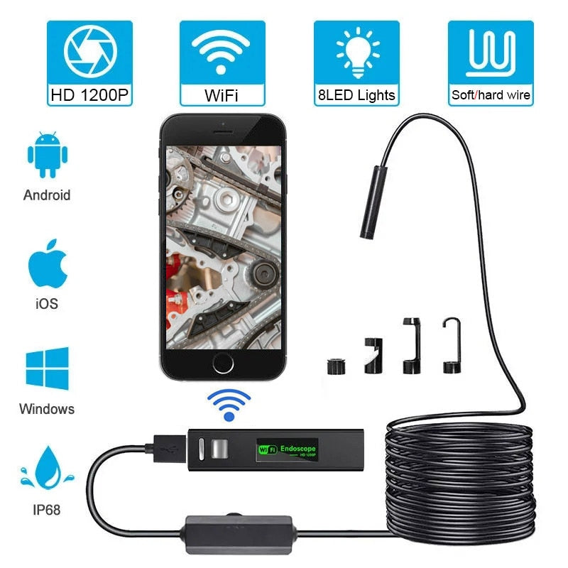 WiFi Mini Camera Endoscope HD 1200P Waterproof Phone Picture Video For Machine Repair Air Conditioner Sewer Underwater Detect