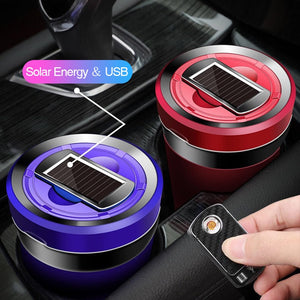 Solar-Powered LED Car Ashtray with Removable Lighter