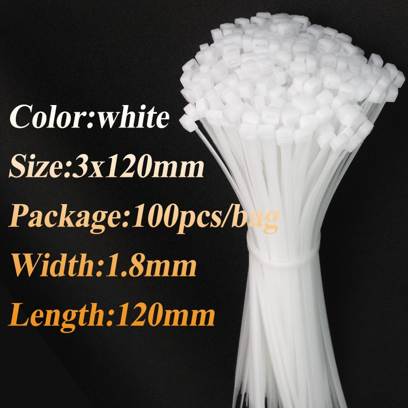 100pcs Self-locking Nylon Cable Ties - White