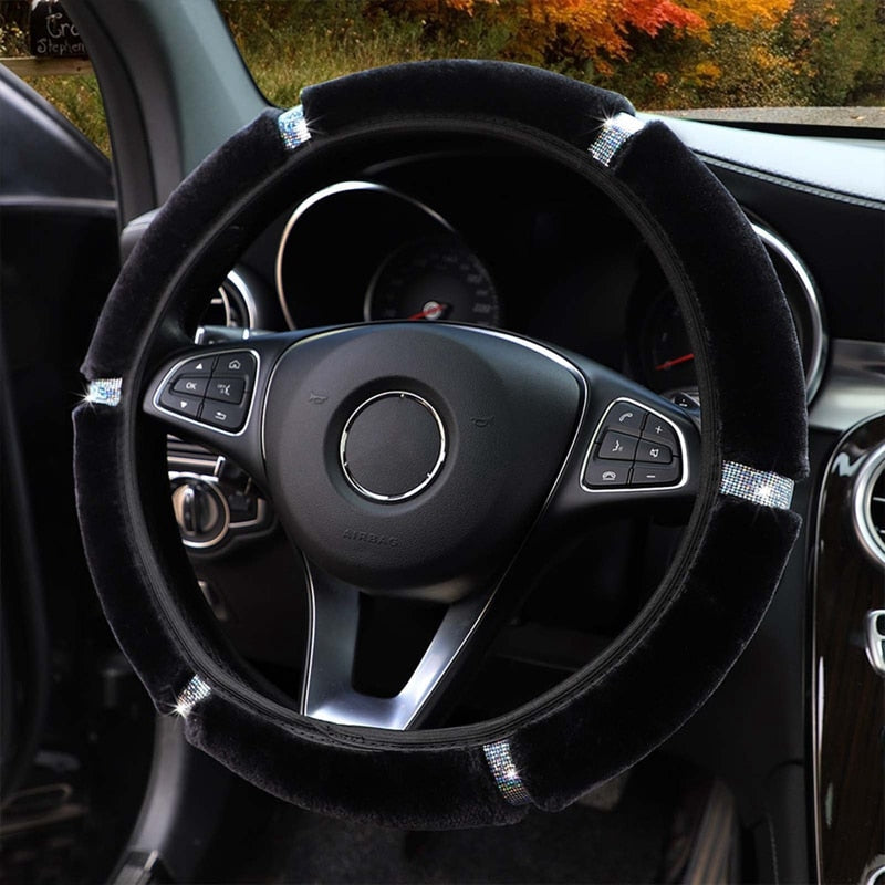 【LM417】Universal 37-38cm Soft Plush Rhinestone Car Steering Wheel Cover