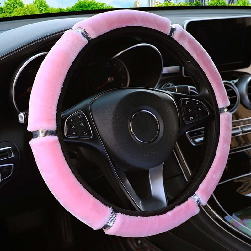 【LM417】Universal 37-38cm Soft Plush Rhinestone Car Steering Wheel Cover