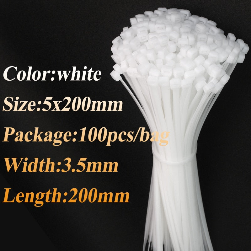 100pcs Self-locking Nylon Cable Ties - White