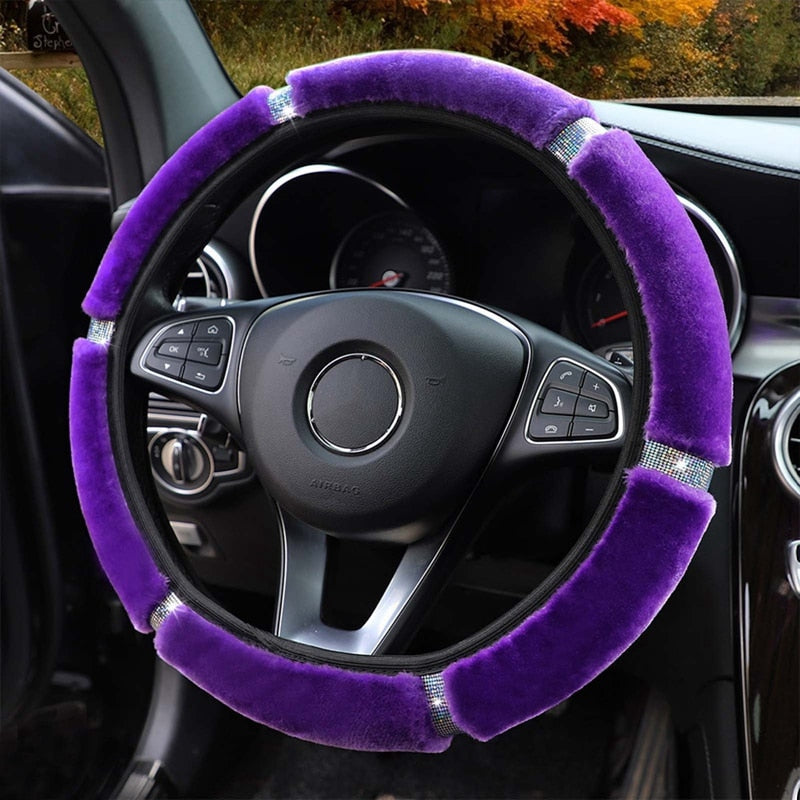 【LM417】Universal 37-38cm Soft Plush Rhinestone Car Steering Wheel Cover