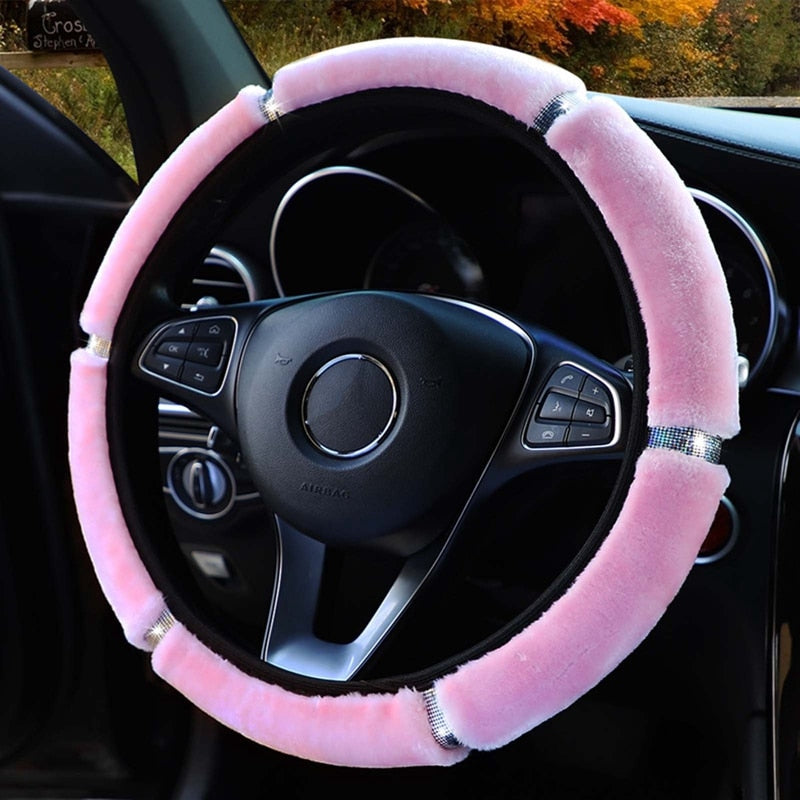 【LM417】Universal 37-38cm Soft Plush Rhinestone Car Steering Wheel Cover