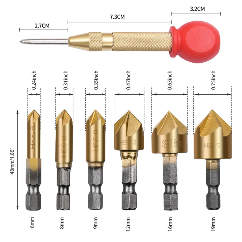 90 Degree Countersink Drill Bit Set - 5 Cutter HSS