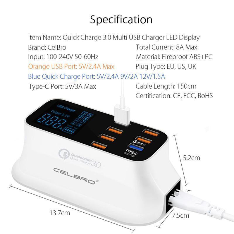 LED Display Multiple USB Charger with Smart Charging Technology