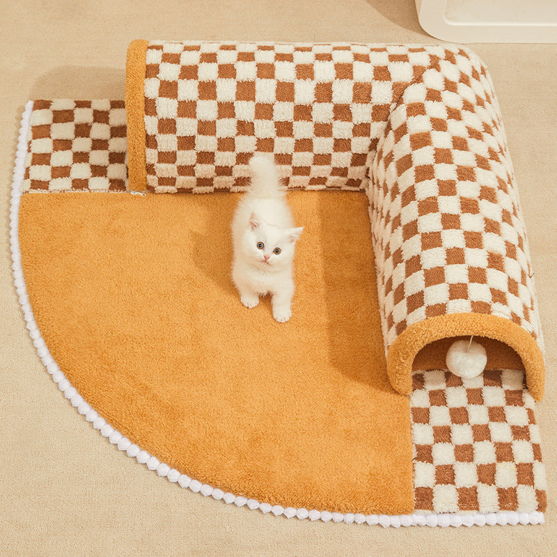 Versatile Pet Bed with Plush Plaid Tunnel