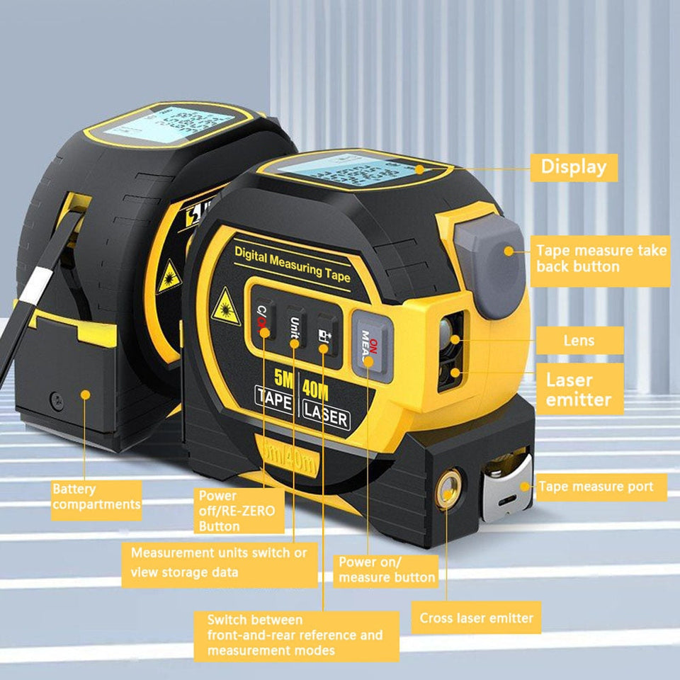 3 in1 Laser Rangefinder 5m Tape Measure Ruler LCD Display with Backlight Distance Meter Area Volumes Surveying Equipment