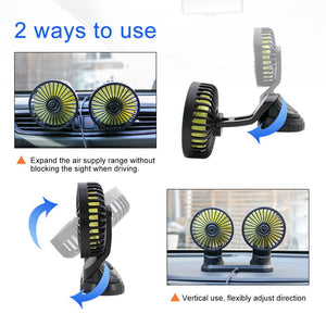 【Car Dual-head Fans】Car Fan Dual-head Fans Cooler Large-angle Rotation Dashboard USB Fans With 3 Speed Levles For 12V/24V Car Interior Accessories