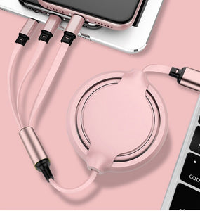 【Three-in-one Fast Charging】USB Fast Charging One with Three Retractable Silicone Three-head Data Cable Three-in-one Mobile Phone Charging Cable