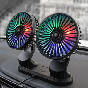 USB Vehicle Fan Dual Head Powerful 3-Speed Dashboard Summer Dual Head Fan Low Noise Car Auto Cooler with LED Lights