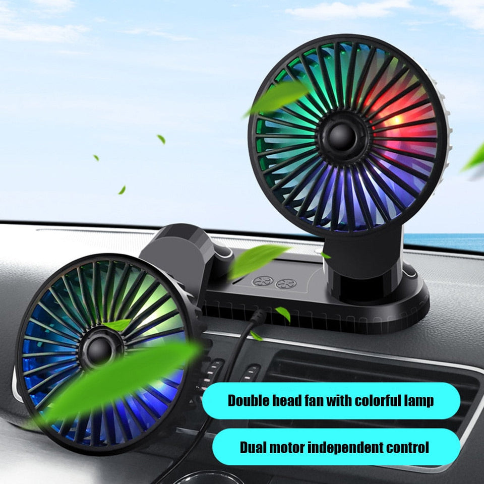 USB Vehicle Fan Dual Head Powerful 3-Speed Dashboard Summer Dual Head Fan Low Noise Car Auto Cooler with LED Lights