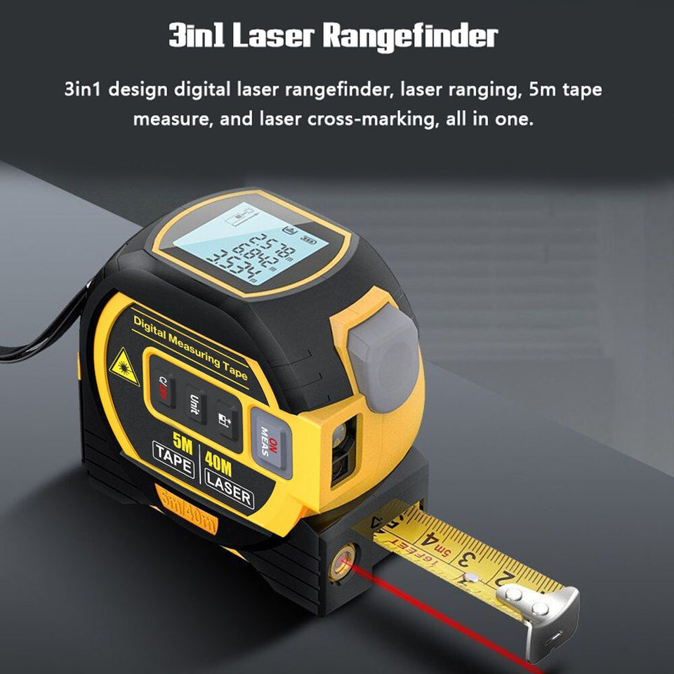 3 in1 Laser Rangefinder 5m Tape Measure Ruler LCD Display with Backlight Distance Meter Area Volumes Surveying Equipment