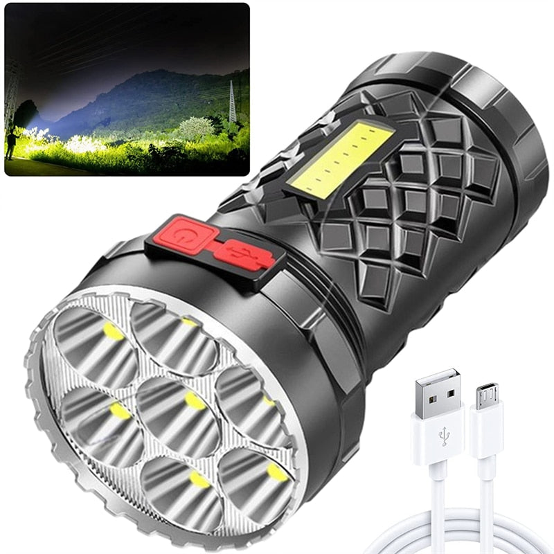 Strong Bright Flashlight Ultra Powerful Led Torch USB Rechargeable COB 7 Core Side Light 4 Modes Outdoor Adventure Flash Light