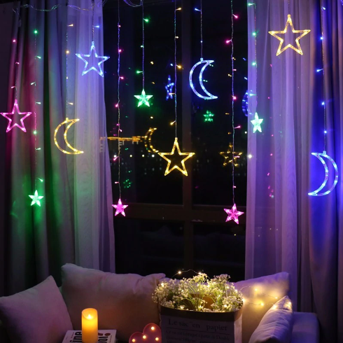 Moon and star shaped LED hanging string lights