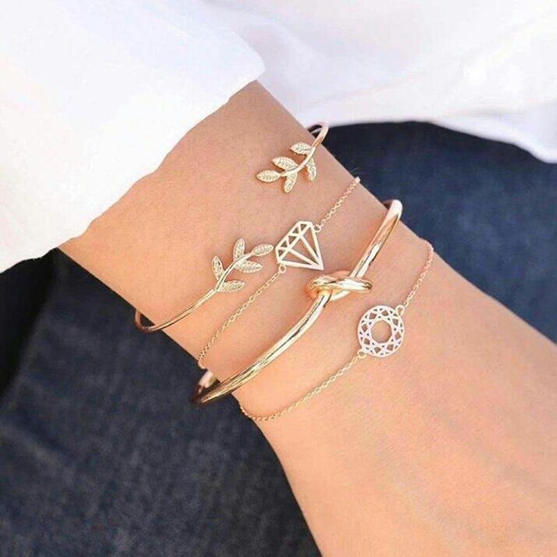 Bohemian Leaf Knot Hand Cuff Chain Charm Set