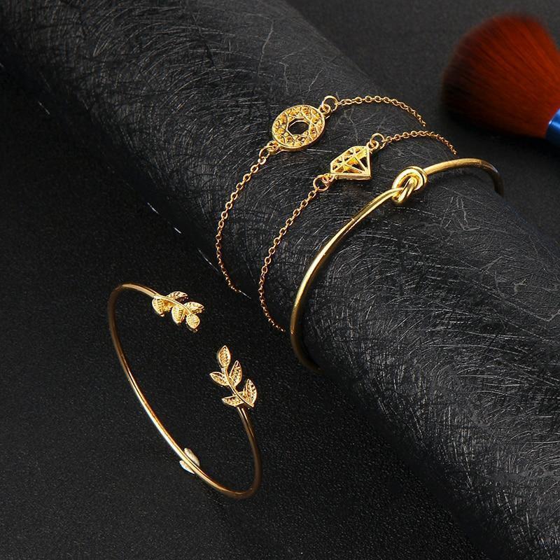 Bohemian Leaf Knot Hand Cuff Chain Charm Set