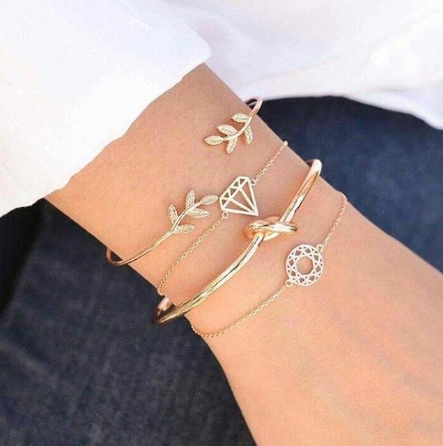 Bohemian Leaf Knot Hand Cuff Chain Charm Set