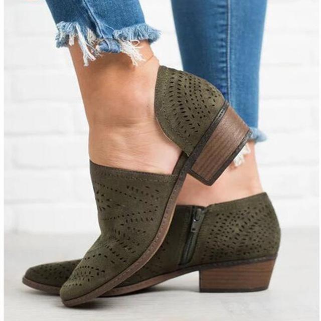 Hollow-Out Faux Suede Ankle Booties with Zipper