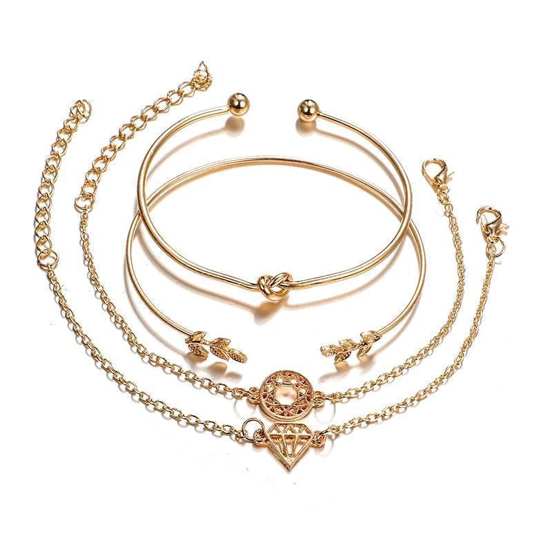 Bohemian Leaf Knot Hand Cuff Chain Charm Set