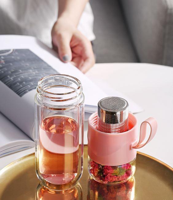 390ml Portable Double Wall Glass Travel Tea Infuser Bottle