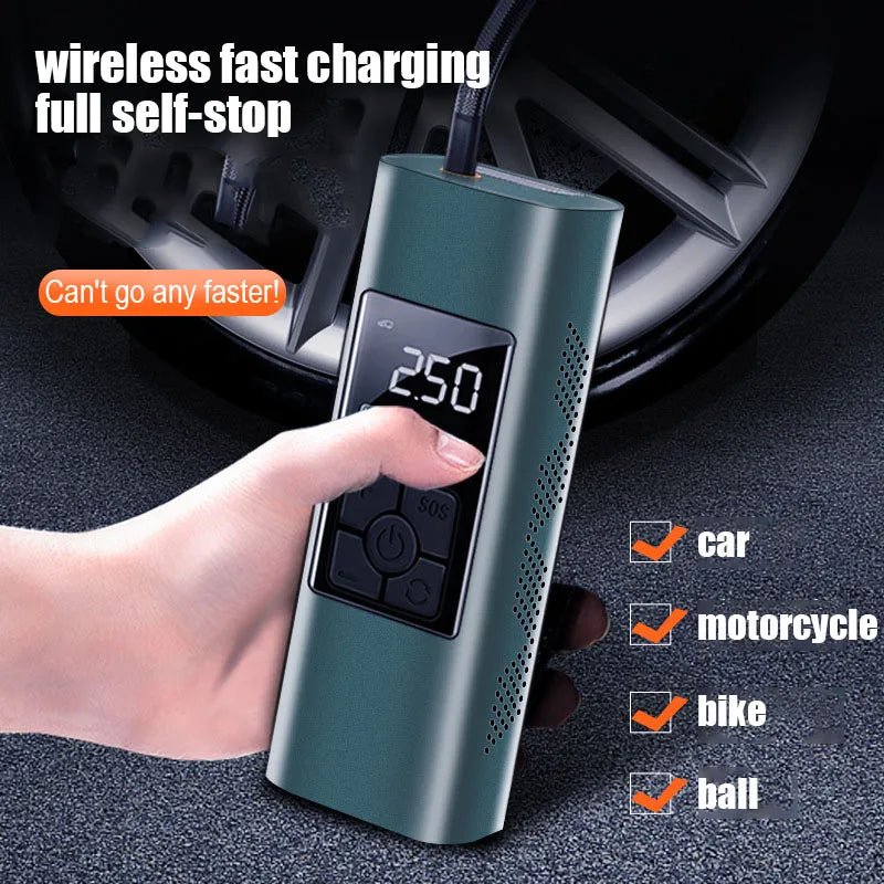 12V Car Air Pump with Wireless Charging & LED Lighting