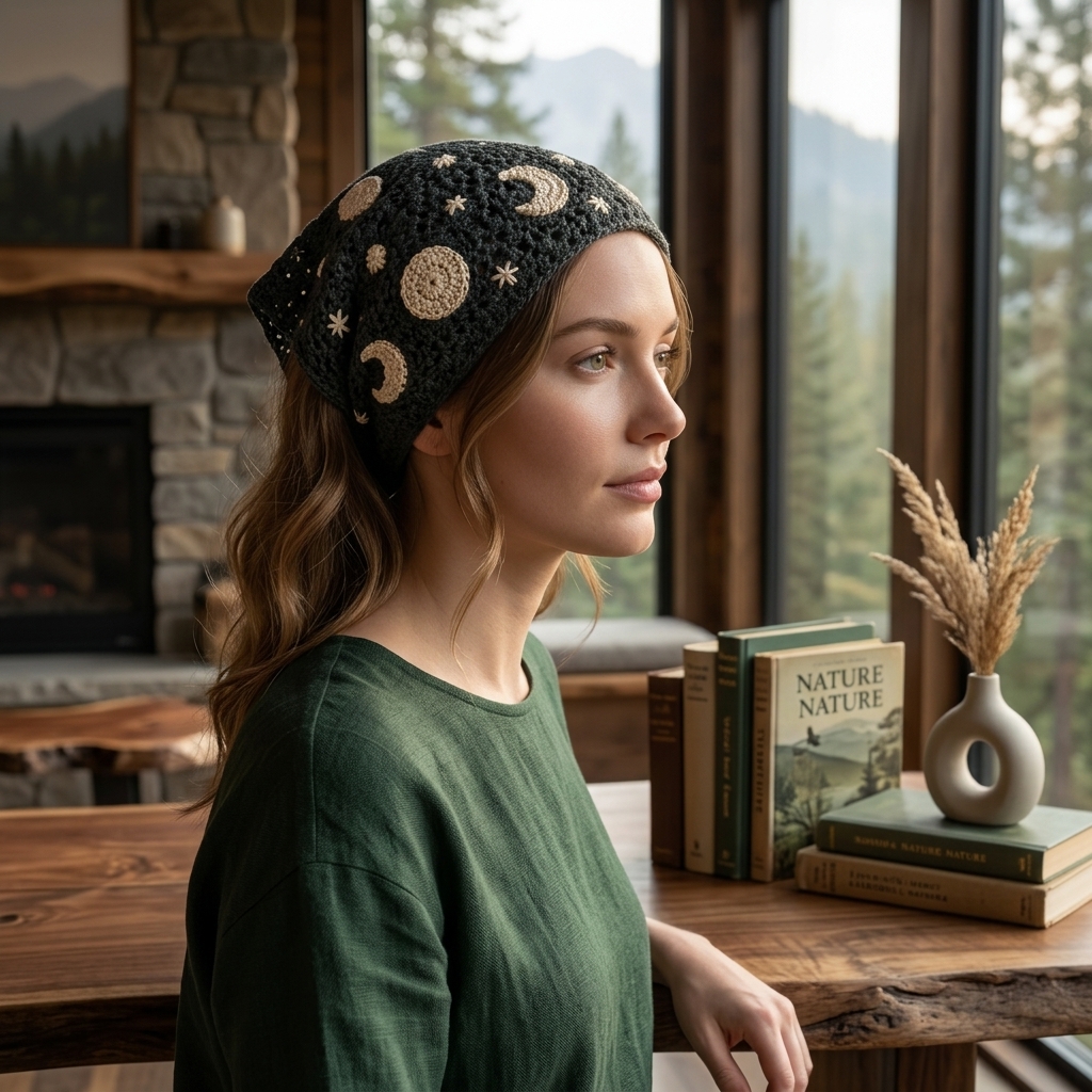 Celestial Moon Phase Boho Head Scarf